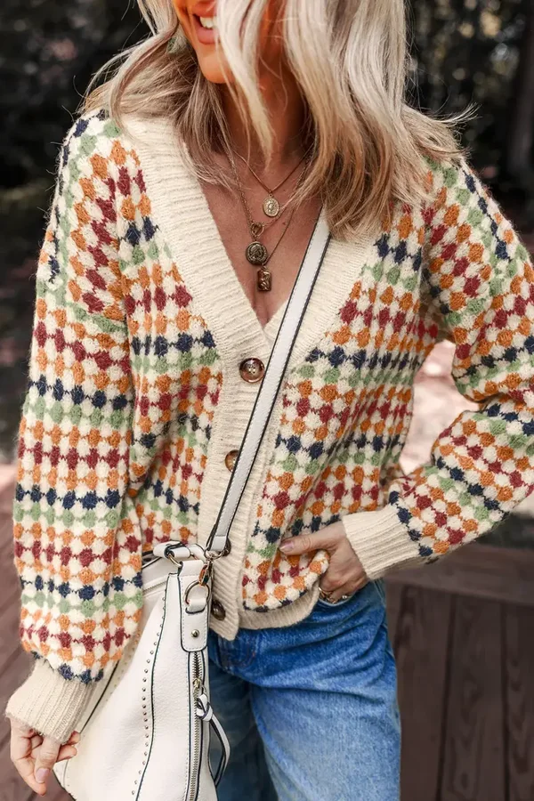 *Pre-Order* Multicolor Dotty Pattern Knit Button Front V Neck Sweater Cardigan