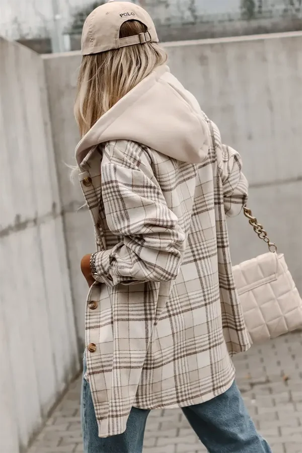 *Pre-Order* Khaki Plaid Removable Hood Buttoned Shacket