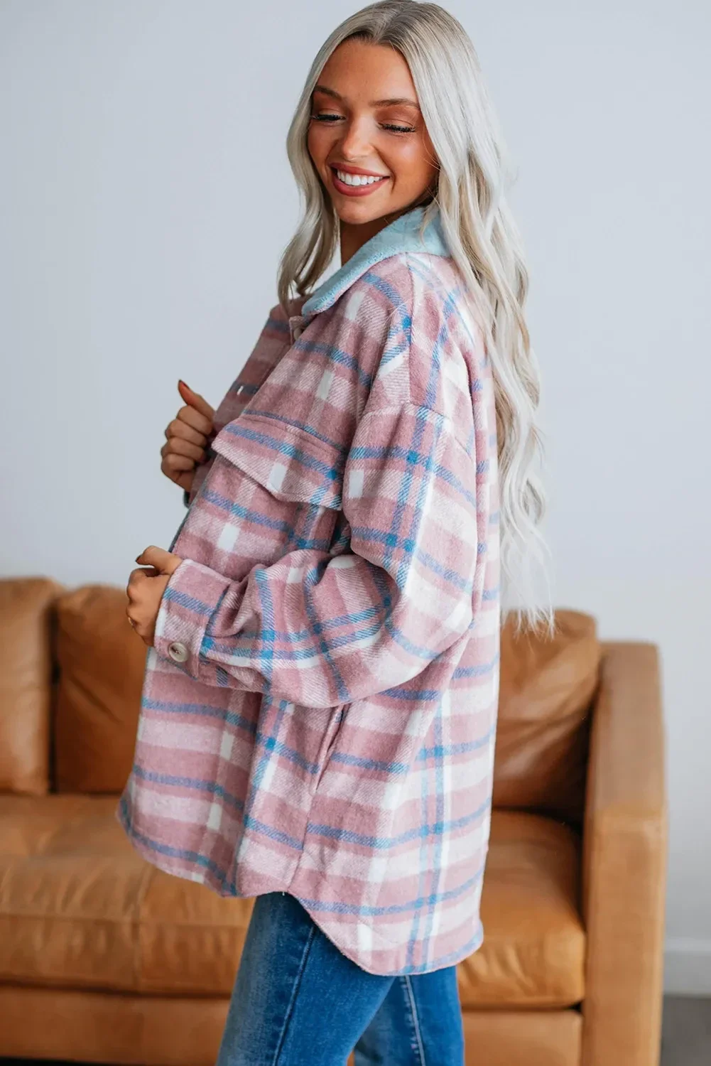 *Pre-Order* Pink Plaid Print Color Block Collared Flap Pockets Loose Shacket