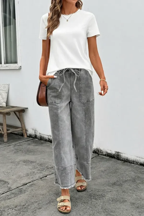*Pre-Order* Gray Drawstring Seam Detail Raw Hem Wide Leg Denim Pants