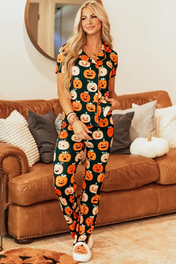*Pre-Order* Orange Halloween Pattern Short Sleeve Shirt Pajama Set