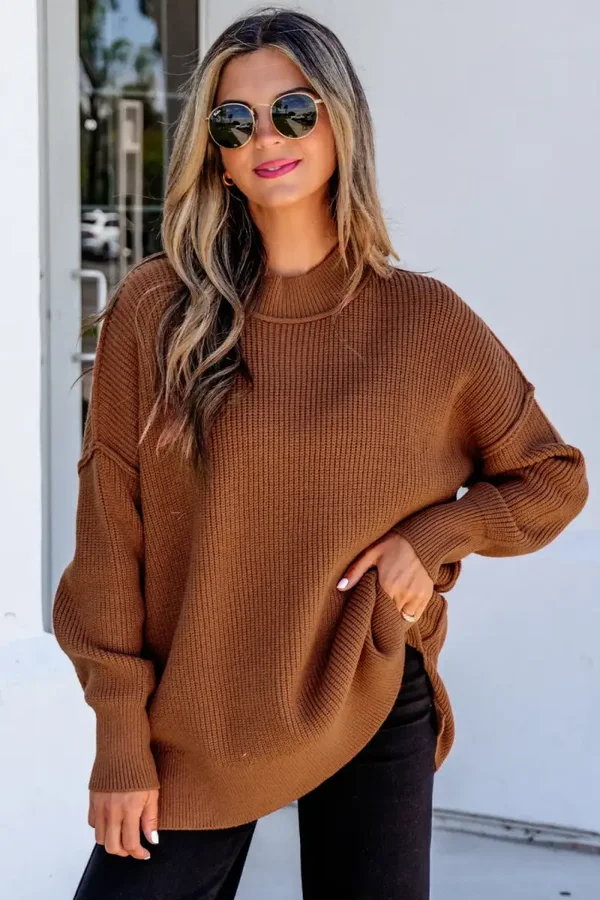 *Pre-Order* Chestnut Long Sleeve Ribbed Knit Stand Neck Sweater