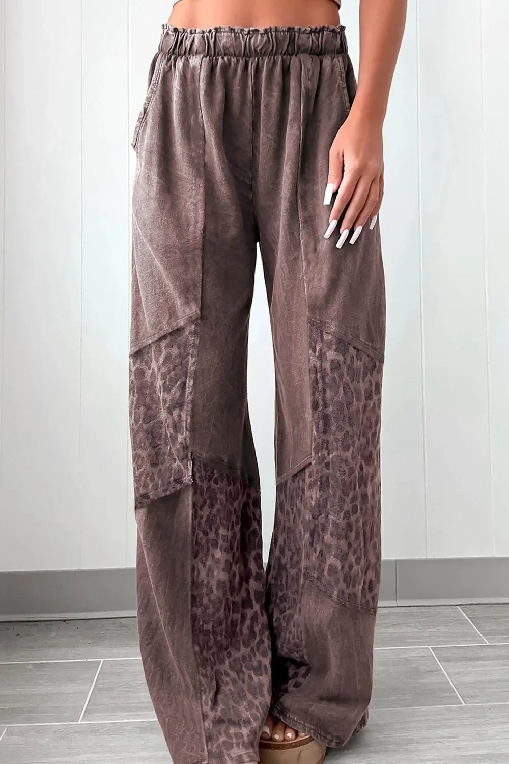 *Pre-Order* Coffee Mineral Wash Leopard Patchwork Loose Pants