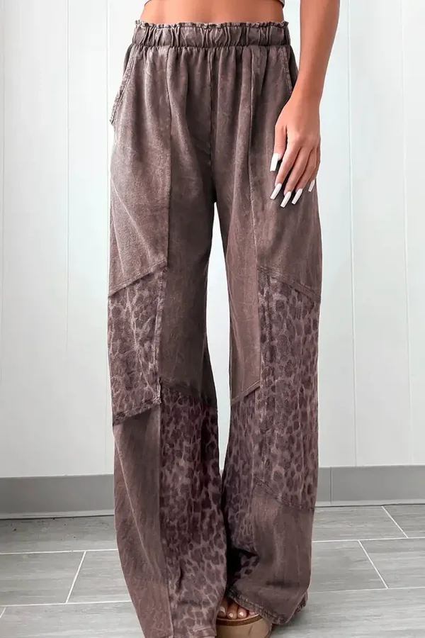 *Pre-Order* Coffee Mineral Wash Leopard Patchwork Loose Pants