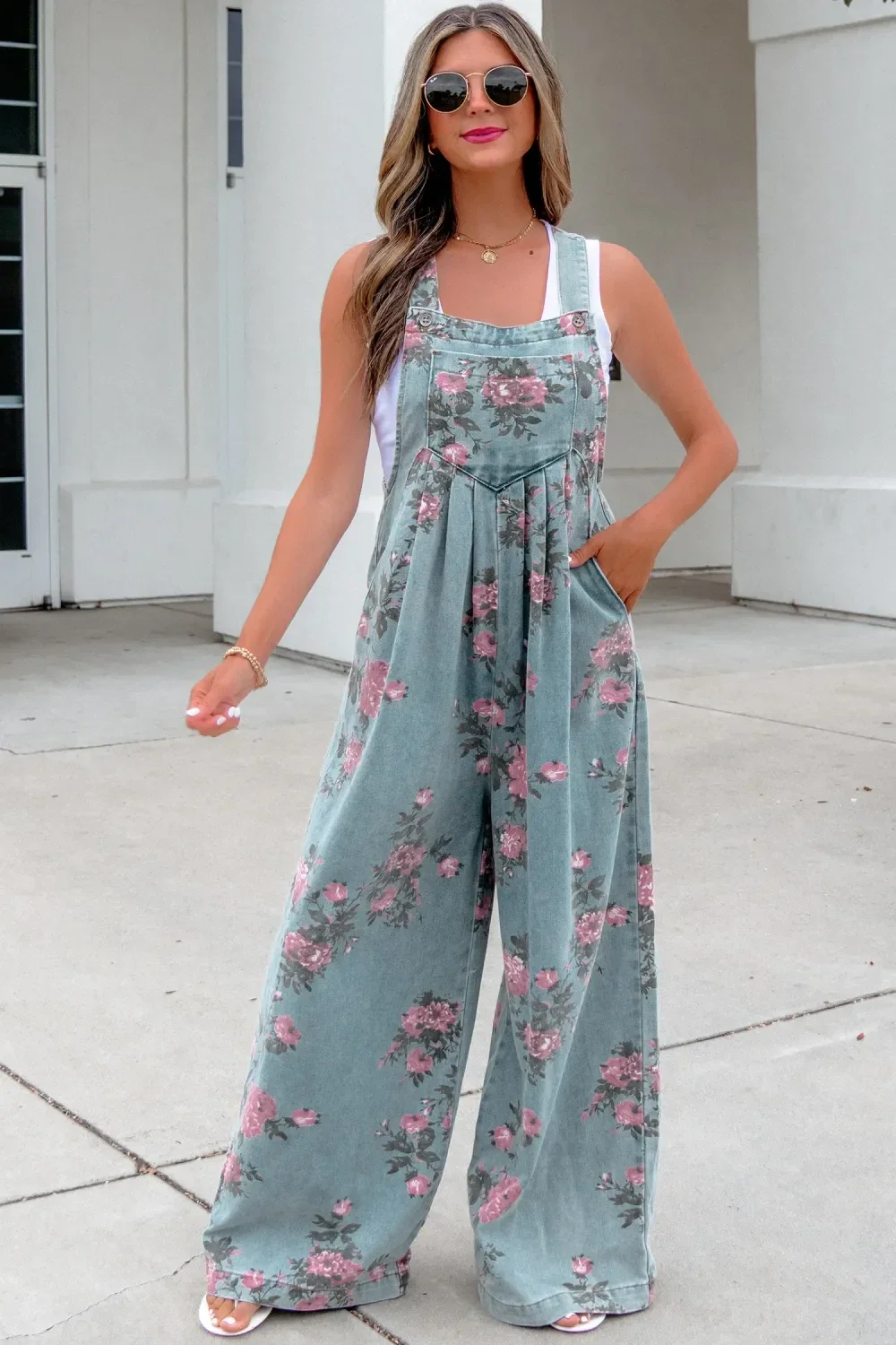 *Pre-Order* Beau Blue Floral Pleated High Waist Wide Leg Denim Jumpsuit