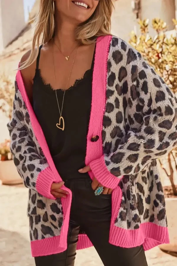 *Pre-Order* Khaki Color Block Trim Button Down Leopard Print Cardigan