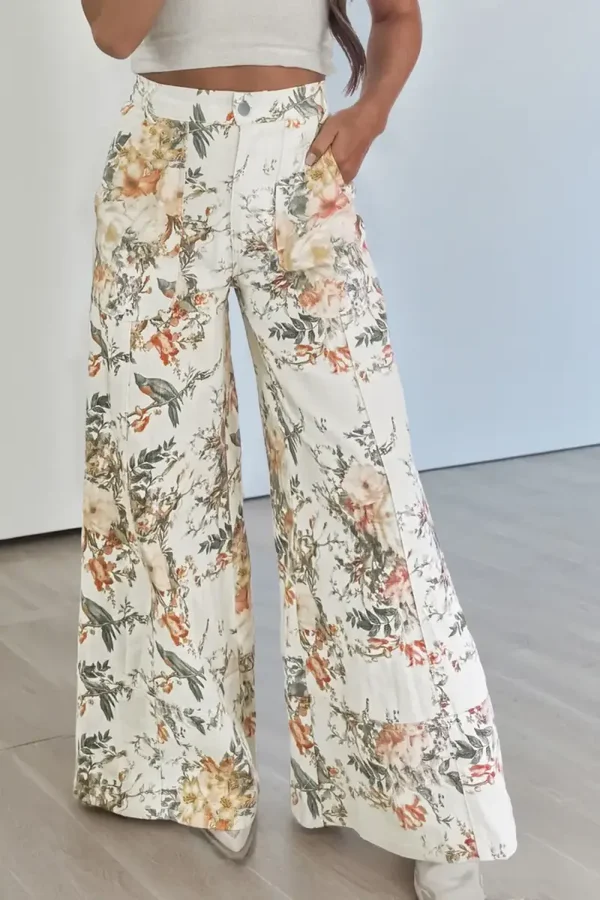 *Pre-Order* Beige Vintage Style Floral Print High Waist Wide Leg Jeans