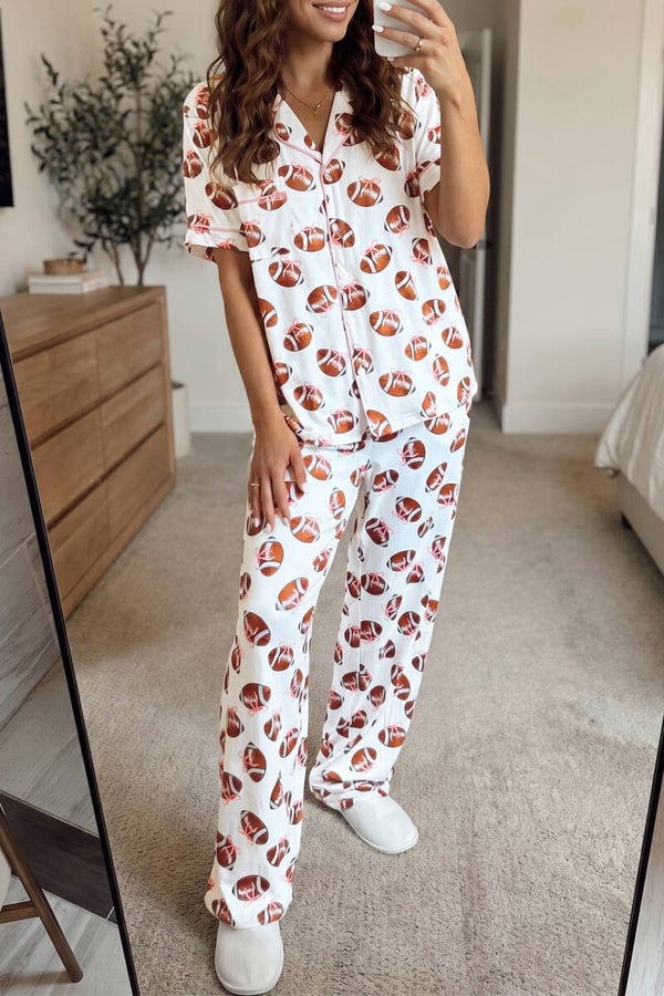 *Pre-Order* White Rugby Print Short Sleeve Button Down Game Day Pajama Set