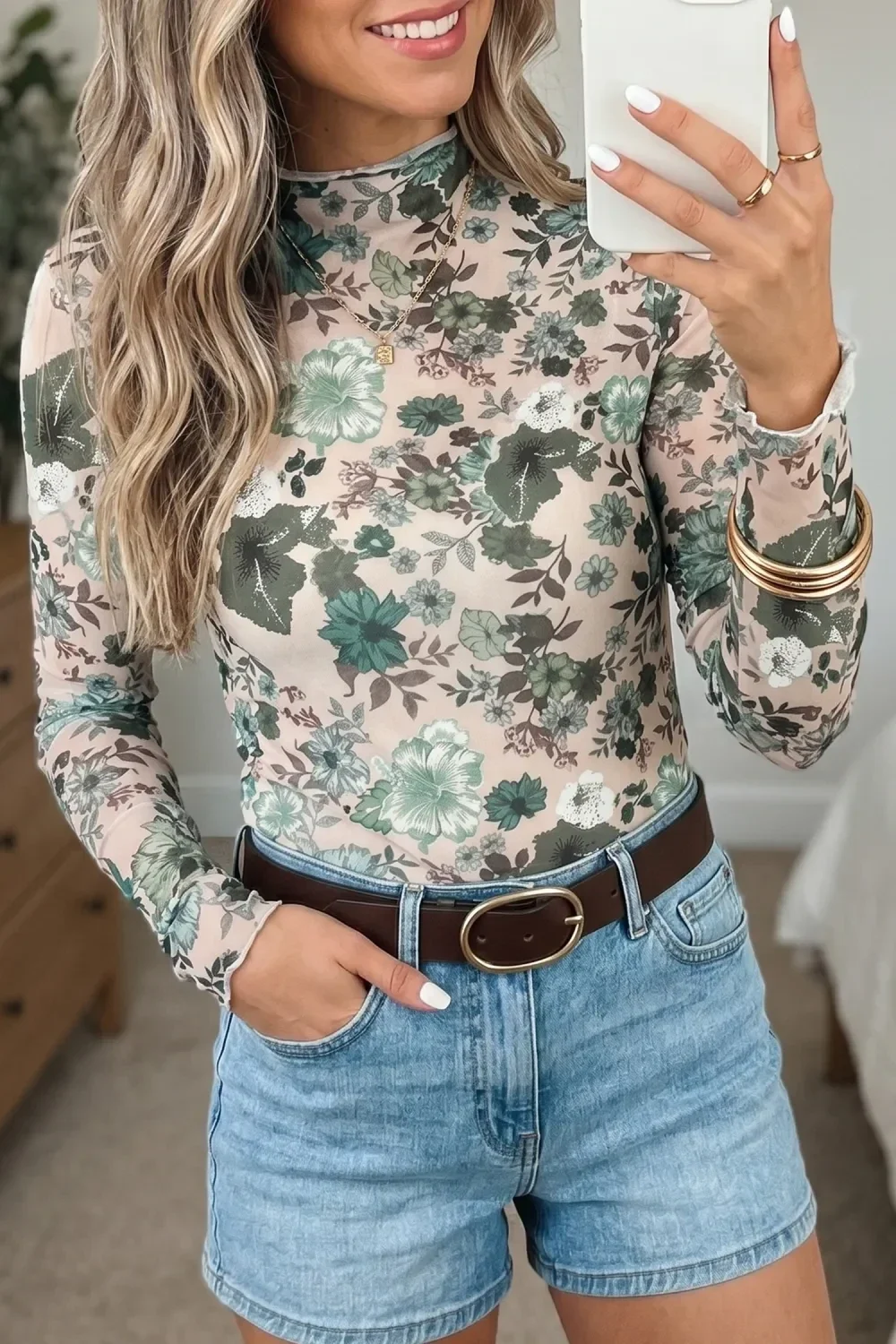 *Pre-Order* Green Western Style Floral Print Long Sleeve MeshTop