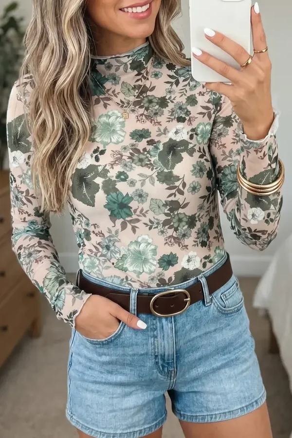 *Pre-Order* Green Western Style Floral Print Long Sleeve MeshTop