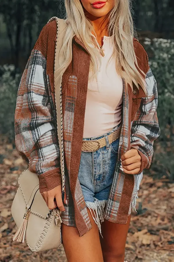 *Pre-Order* Cinnamon Plaid Corduroy Patchwork Chest Pocket Shacket