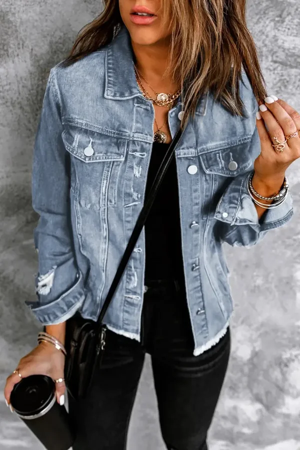 *Pre-ORder* Sky Blue Lapel Distressed Raw Hem Buttons Denim Jacket
