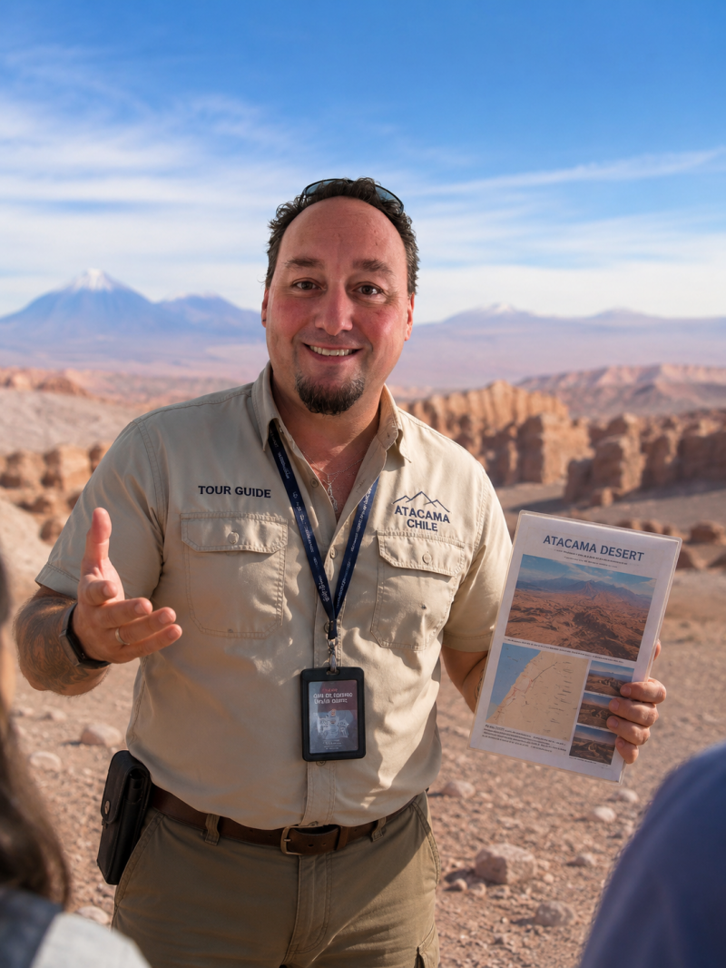 Tour Guide in Atacama desert in Chile with volcanos in the background