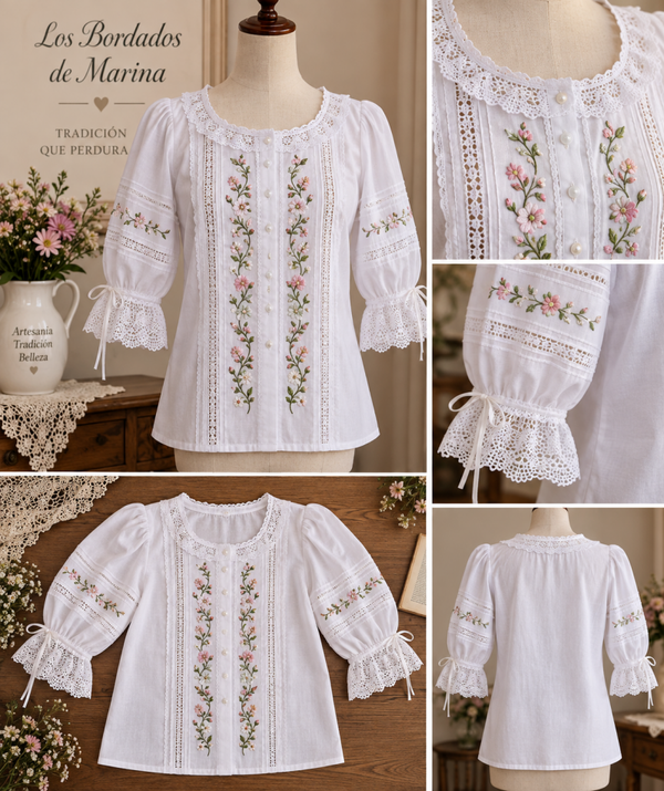Blusa blanca bordada con flores y encaje