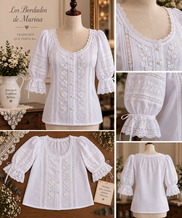 Blusa blanca bordada tono sobre tono con encaje