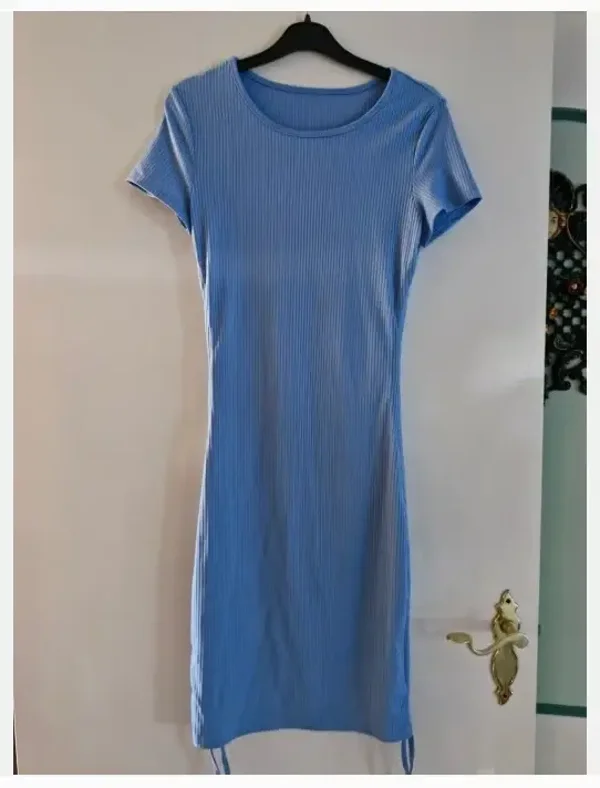 Blauwe ribbel jurk met korte mouwen maat 36