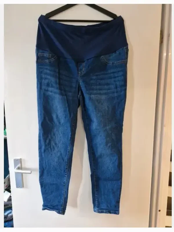 Blauwe zwangerschapsbroek met donkerblauwe band maat xl