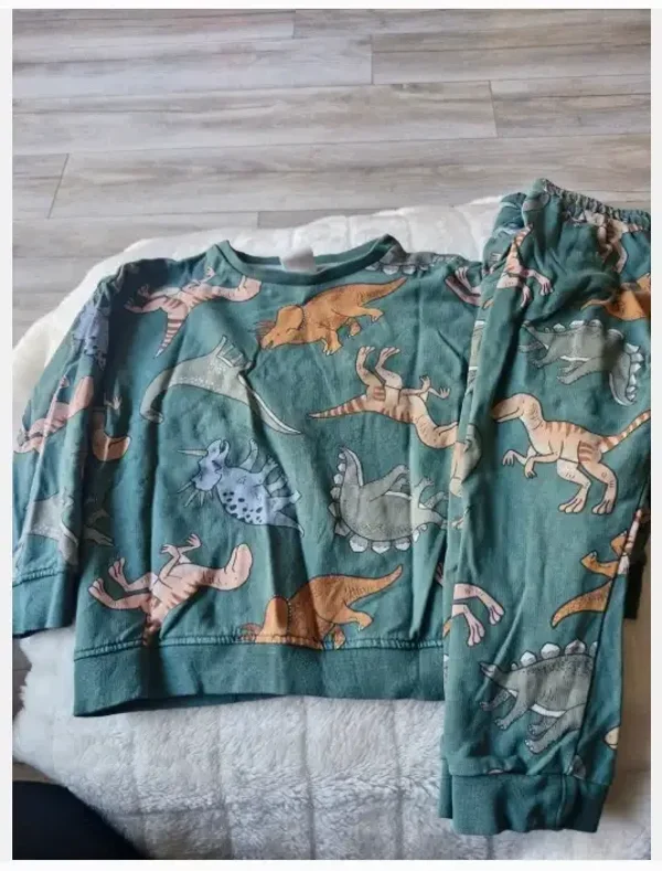 Donkergroen dino trui en broek maat 98