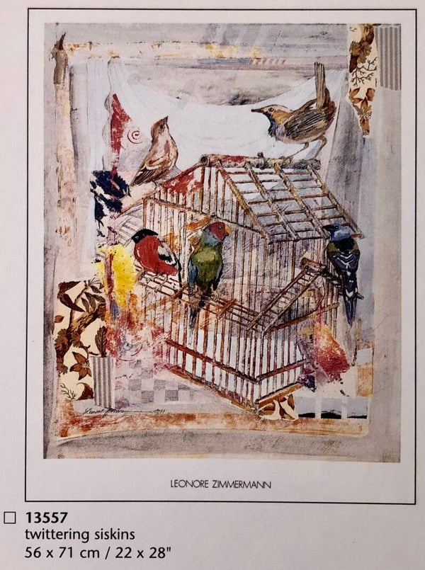 90er Jahre Kunstdruck Leonore Zimmermann	Twittering Siskins Papagei Vogel  71 cm x 56 cm