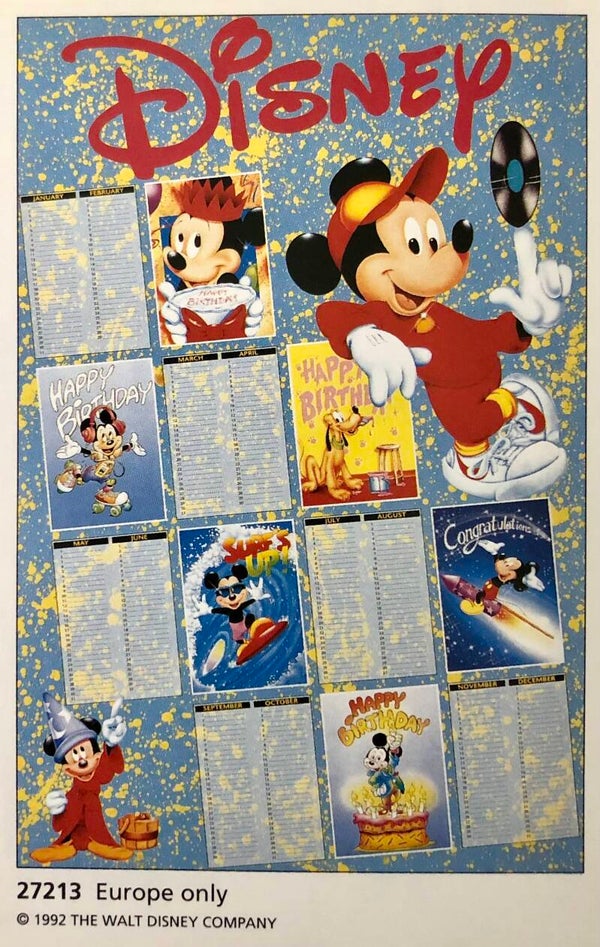 90er Jahre Poster Walt Disney	Mickey Birthday Calendar Mouse Maxi 62 cm x 93 cm Verkerke Geburtstagskalender B-Ware Disney