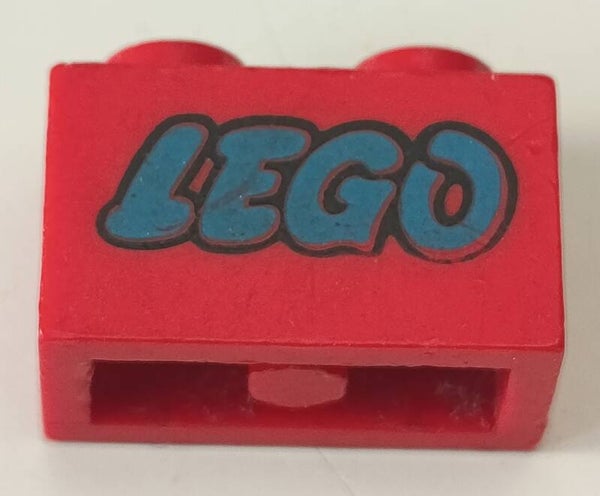 Red 1 x 2 brick with blue lego logo