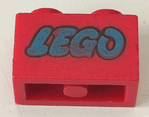 Lego brick 1 x 2 with blue lego logo