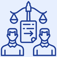two characters under a scale and a document in the middle