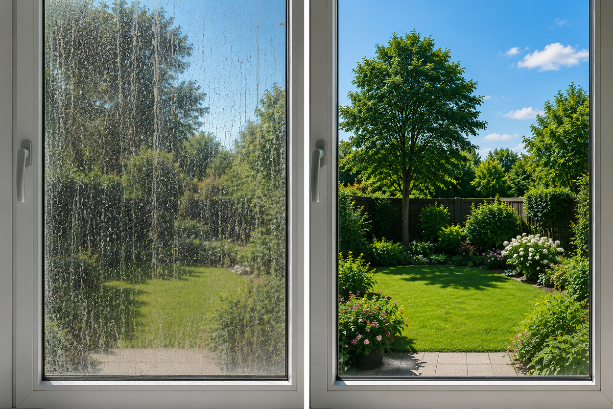 Fenster vorher dreckig und nachher klar im direkten Vergleich