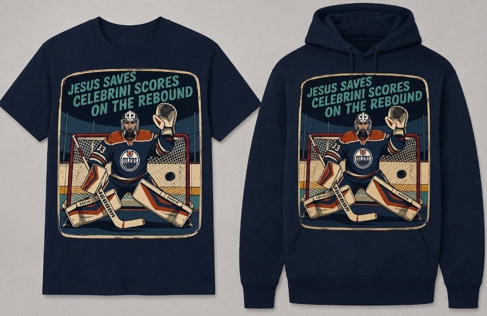 HWO: Jesus Saves — Celebrini Scores on the Rebound T-Shirt & Hoodie