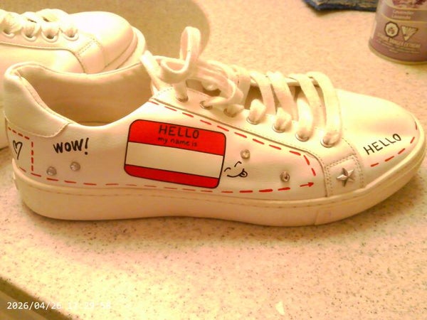 Custom White Sneaker – Hand‑Decorated “Hello My Name Is” Shoe | WeGotem.ca