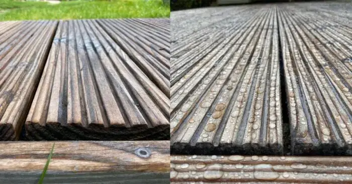 Comparison of wooden floor: untreated on one side and nano-coated on the other, showing water, oil, and dirt repellent protection