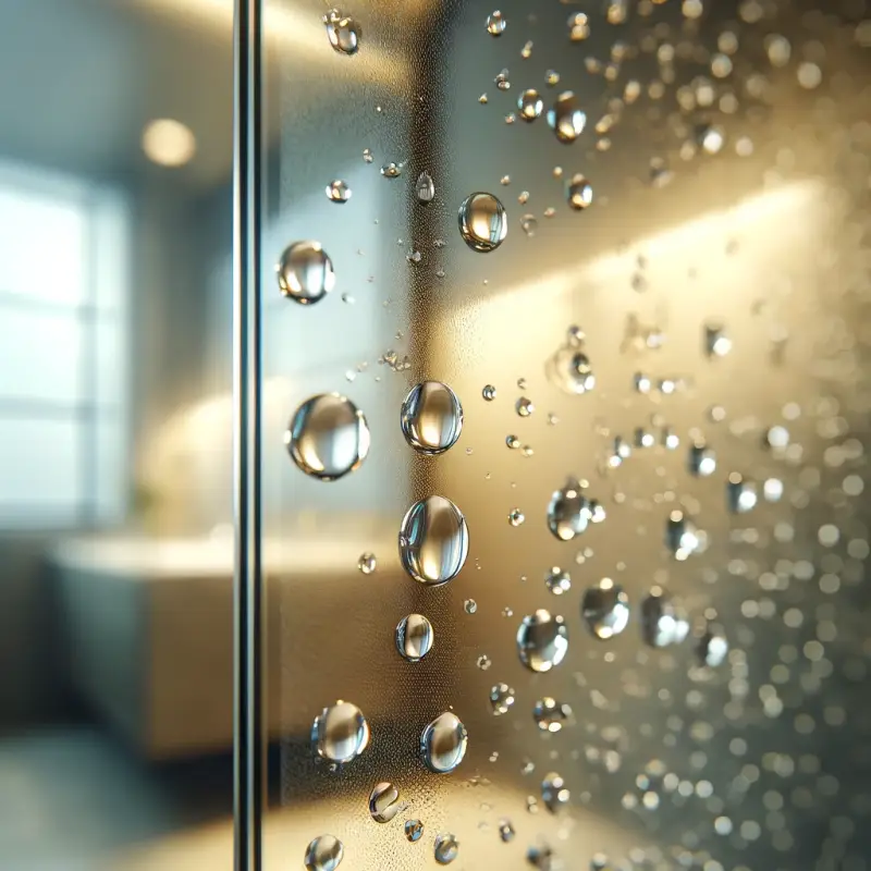 Shower wall treated with nano coating, showing water-repellent and anti-limescale protection on glass surface.