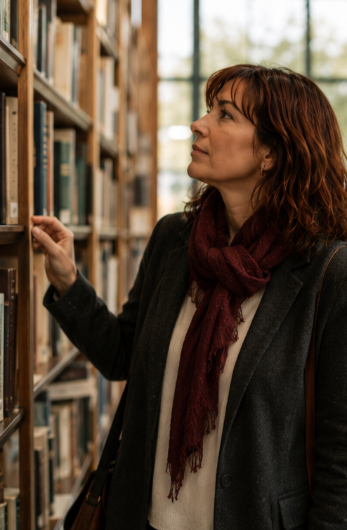 Lucy Rowen author portrait in a library