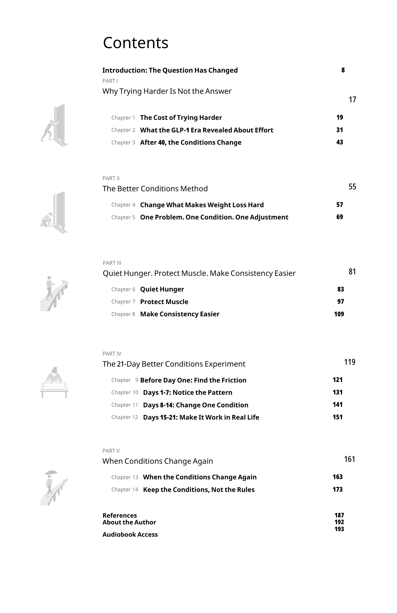 Table of contents of Stop Trying Harder showing five parts, fourteen chapters, and the 21-Day Better Conditions Experiment
