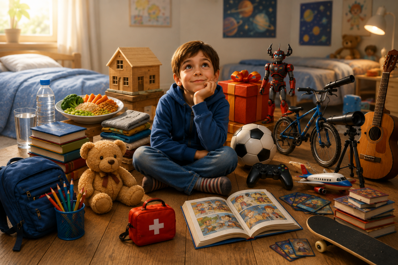 Child looking at everyday items while learning to distinguish needs and wants