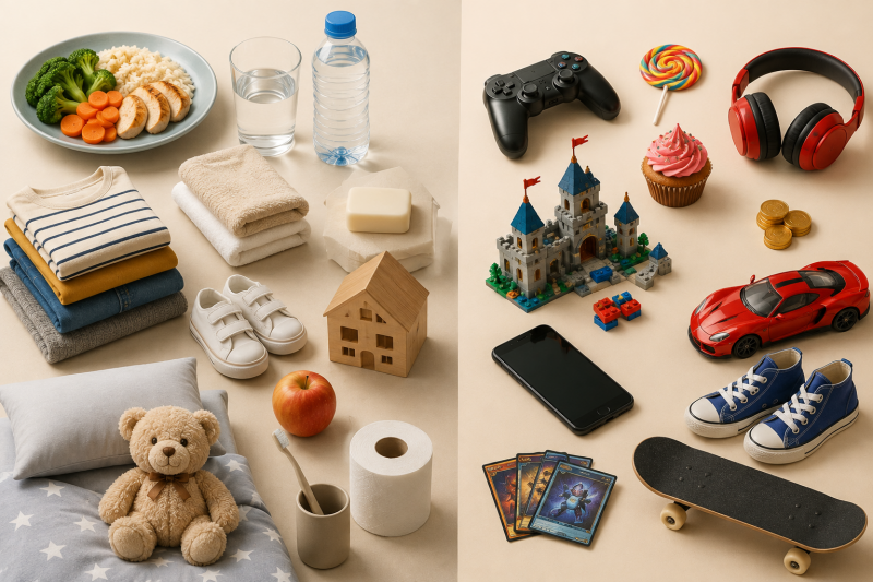 Everyday items used to discuss needs vs. wants with kids