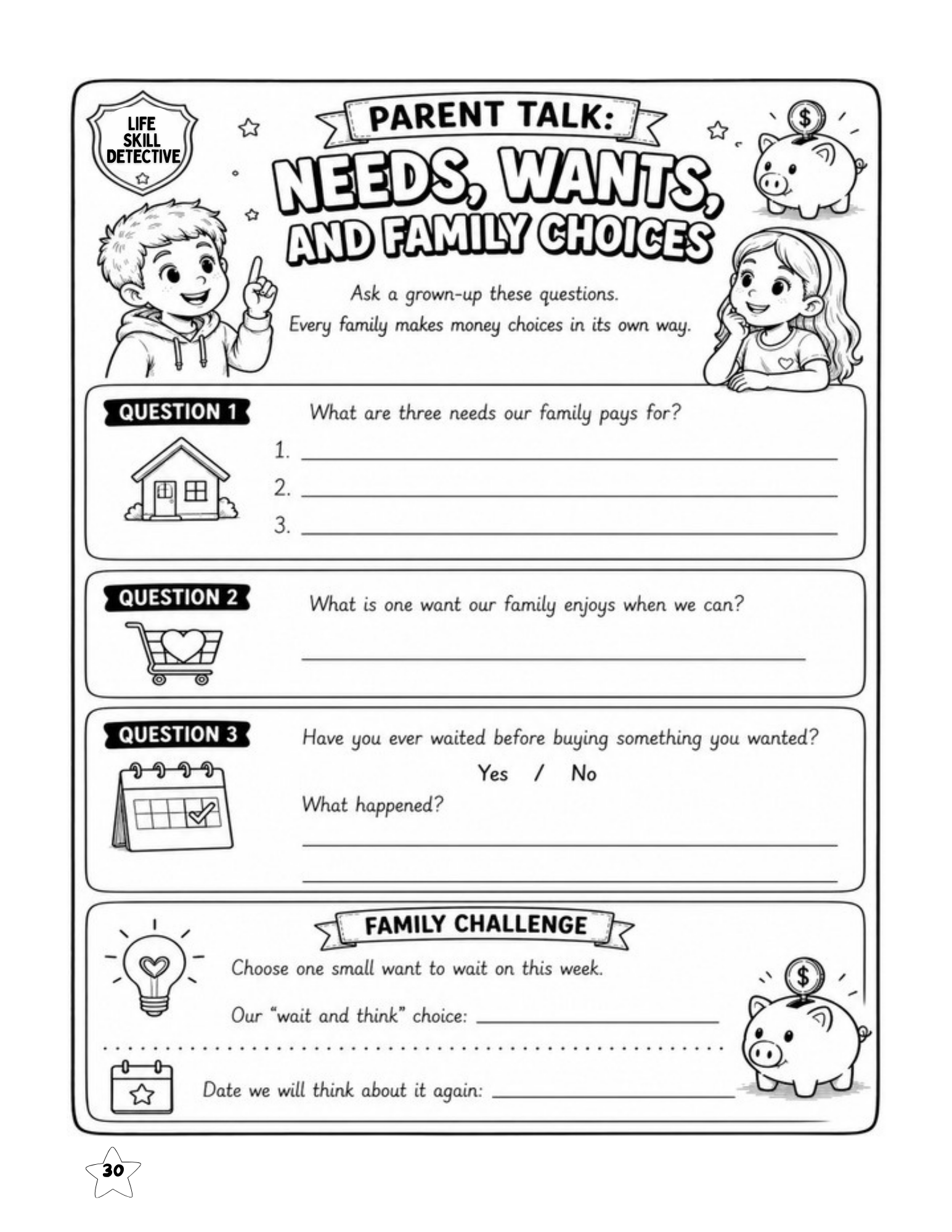 Family conversation activity about needs, wants, waiting, and everyday money choices