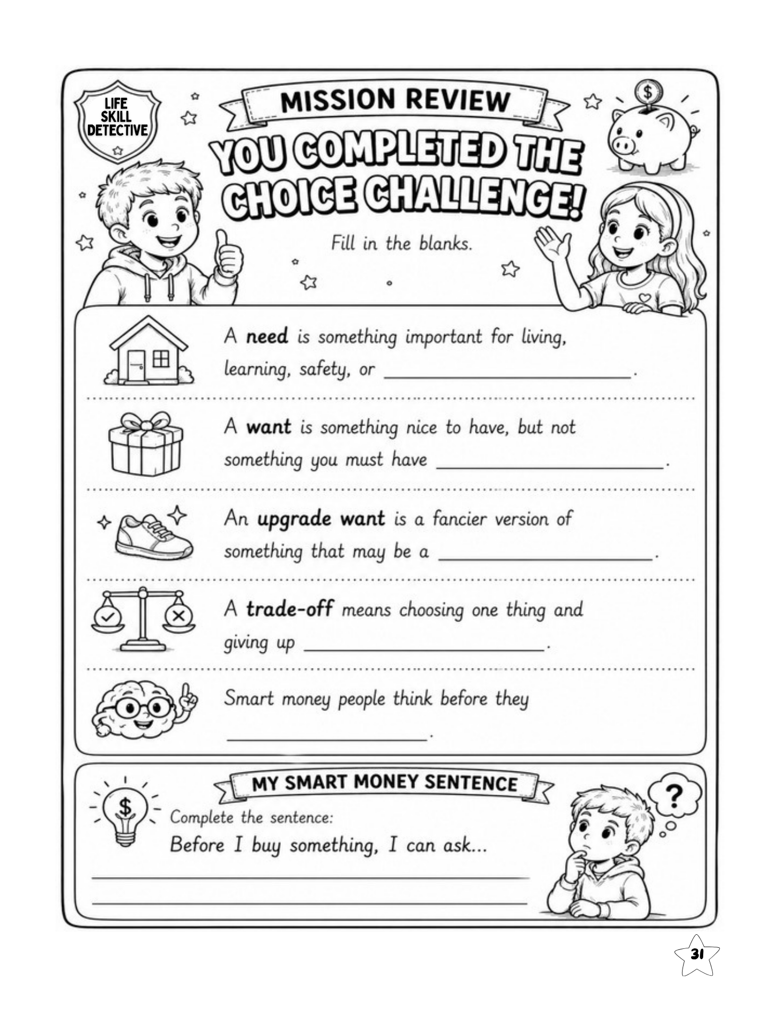 Smart Money Detectives Mission 2 review of needs, wants, upgrades, trade-offs, and smart spending