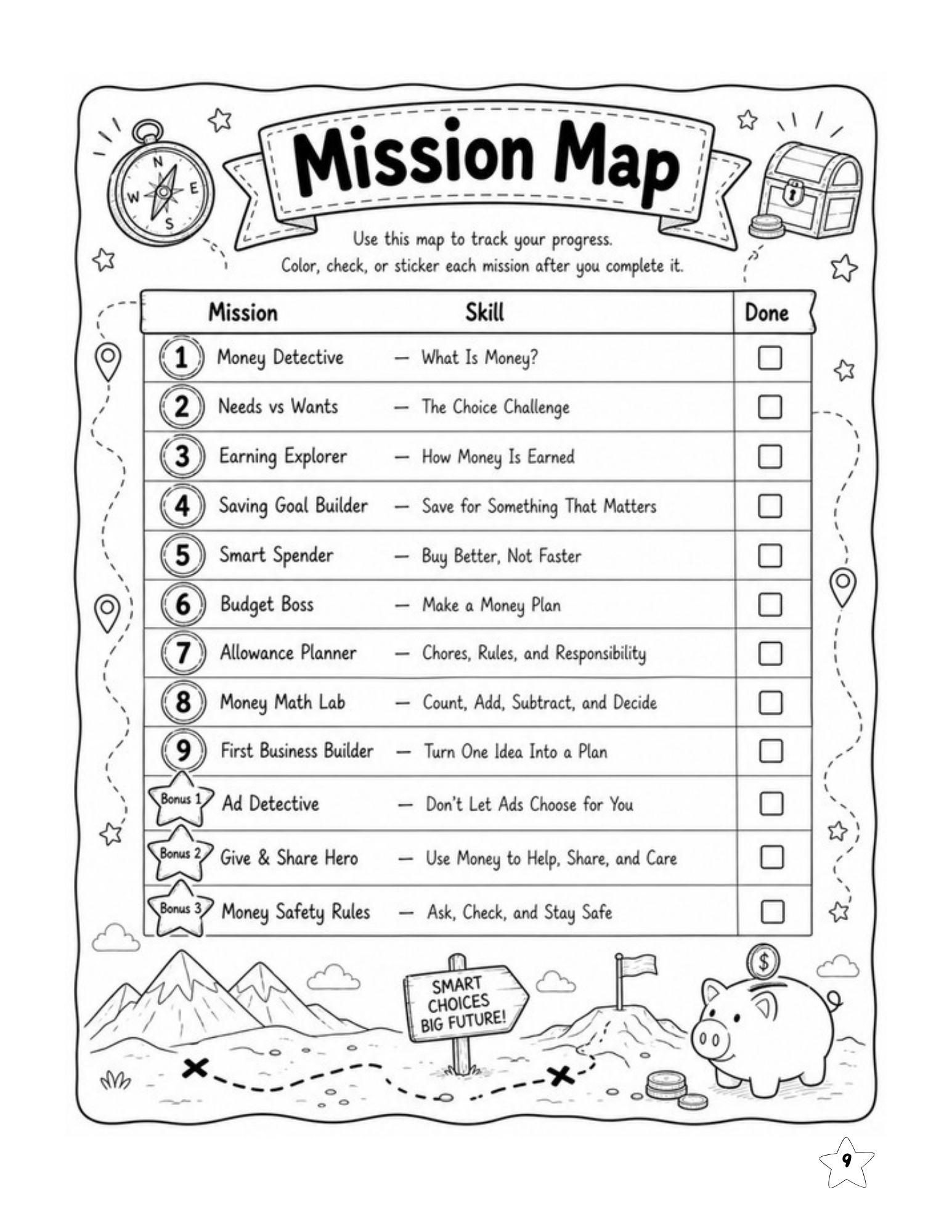 Smart Money Detectives mission map with 12 money skills missions
