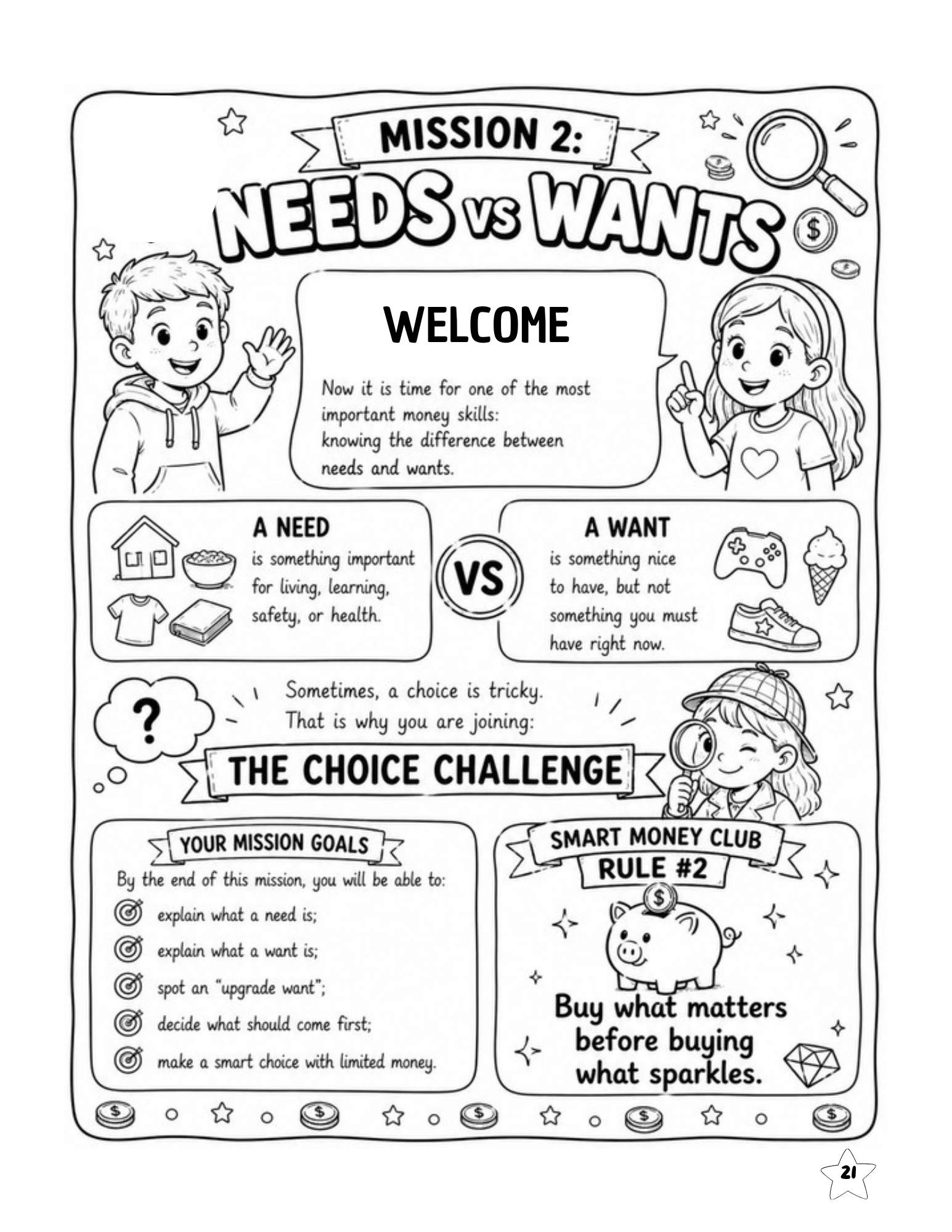 Smart Money Detectives Mission 2 introducing needs, wants, and the Choice Challenge