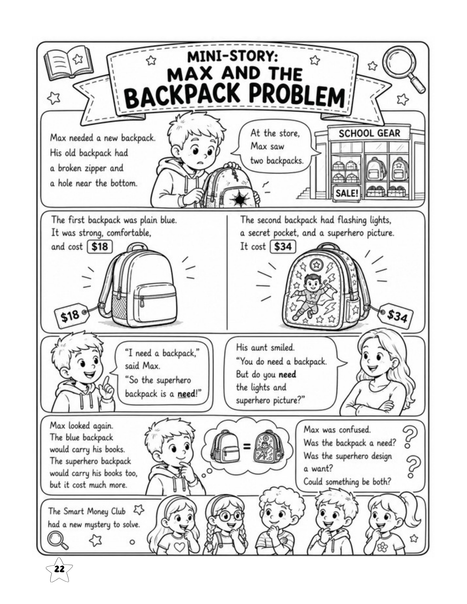 Smart Money Detectives story about Max choosing between two backpacks and thinking about needs and wants