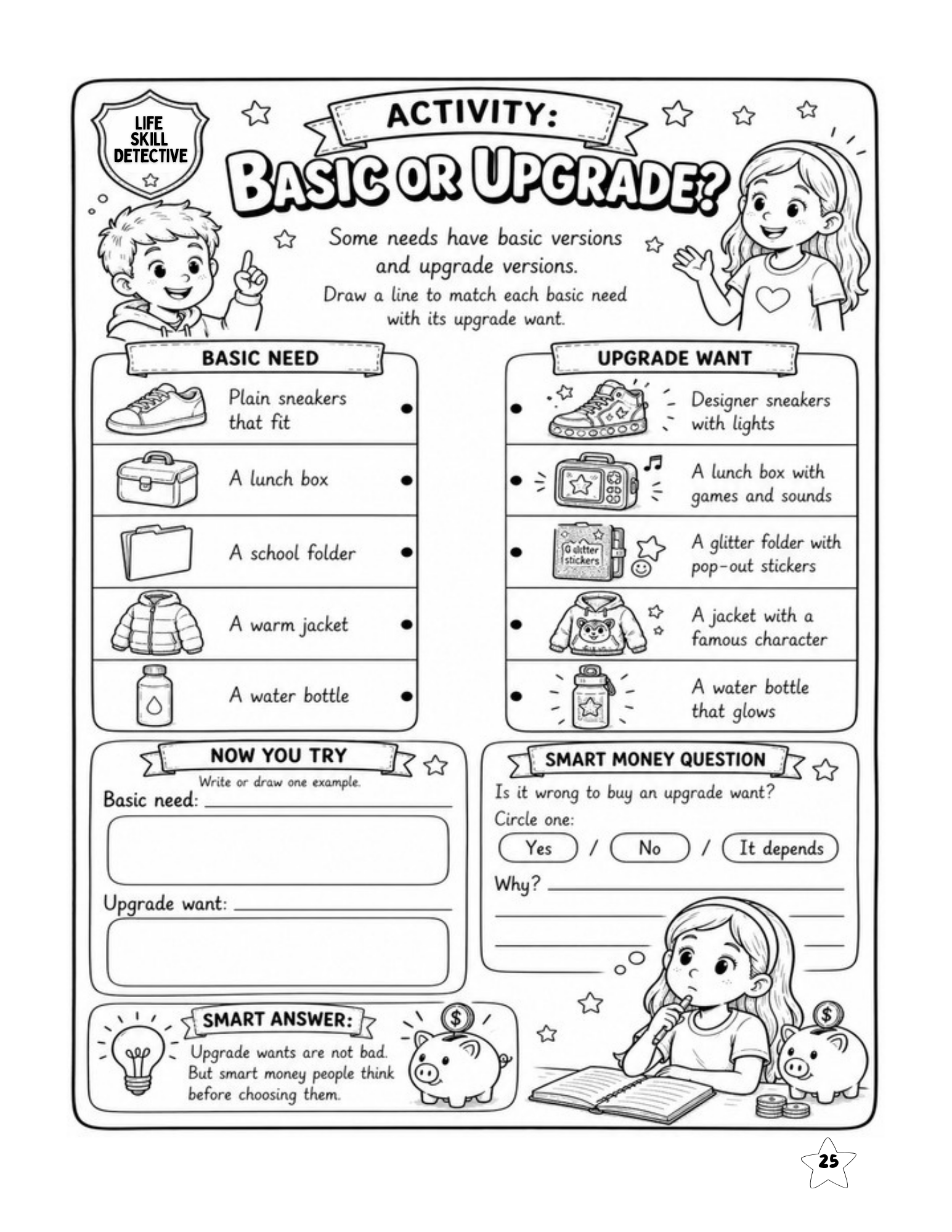 Smart Money Detectives activity comparing basic needs with more expensive upgrade choices