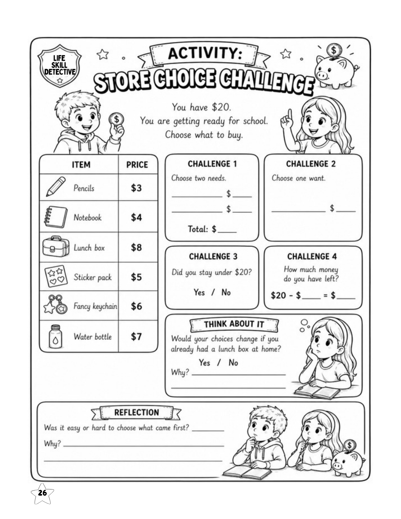 Money choice activity where kids practice spending within a simple budget at a store