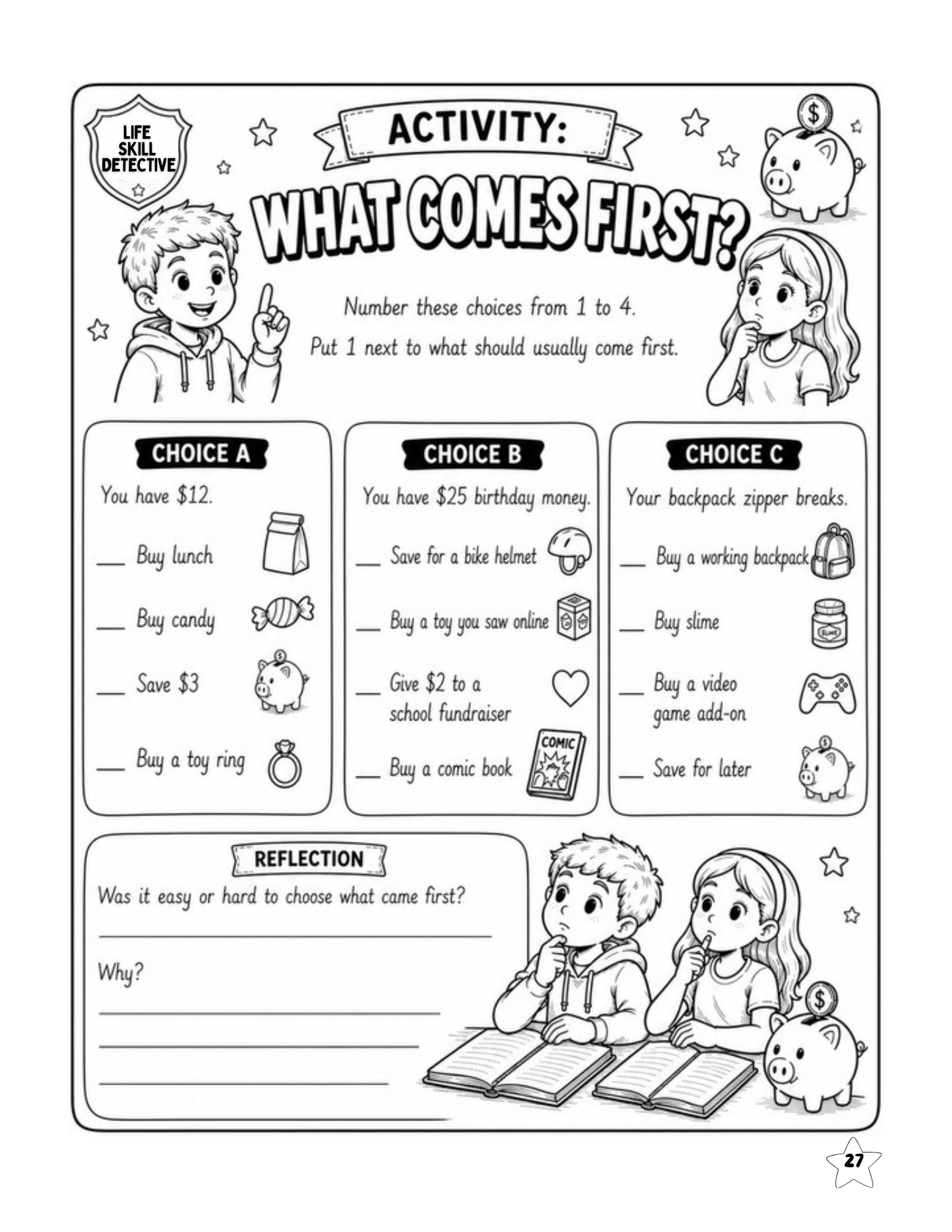 Smart Money Detectives activity helping kids decide what should come first when money is limited