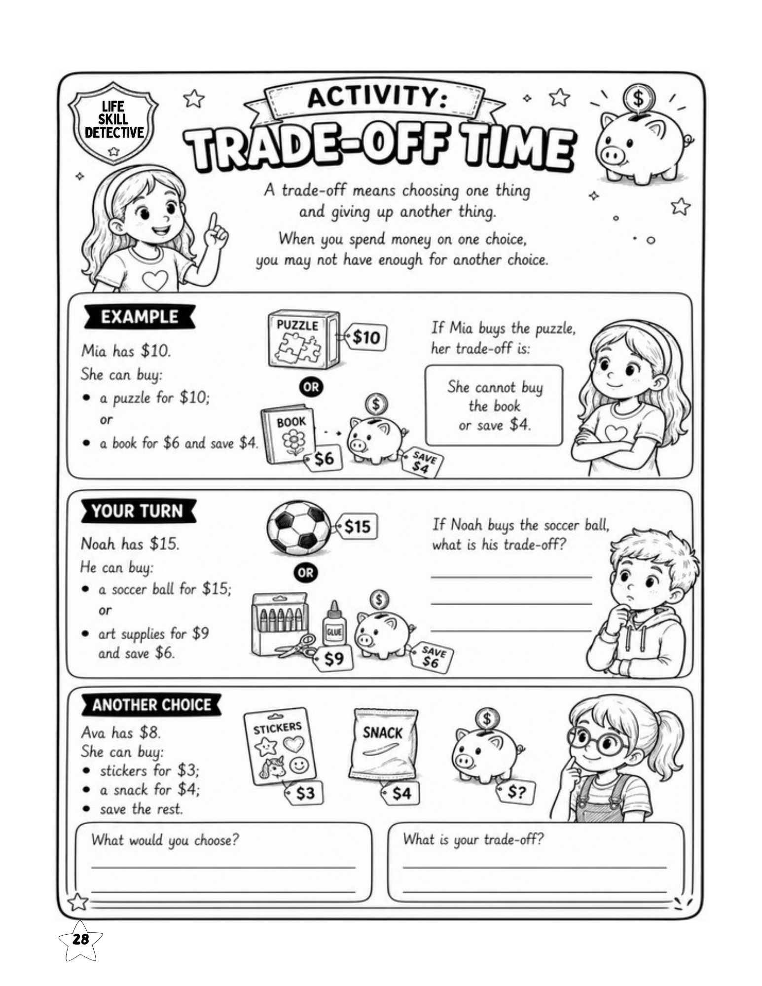 Trade-off activity showing kids how choosing one thing can mean giving up another