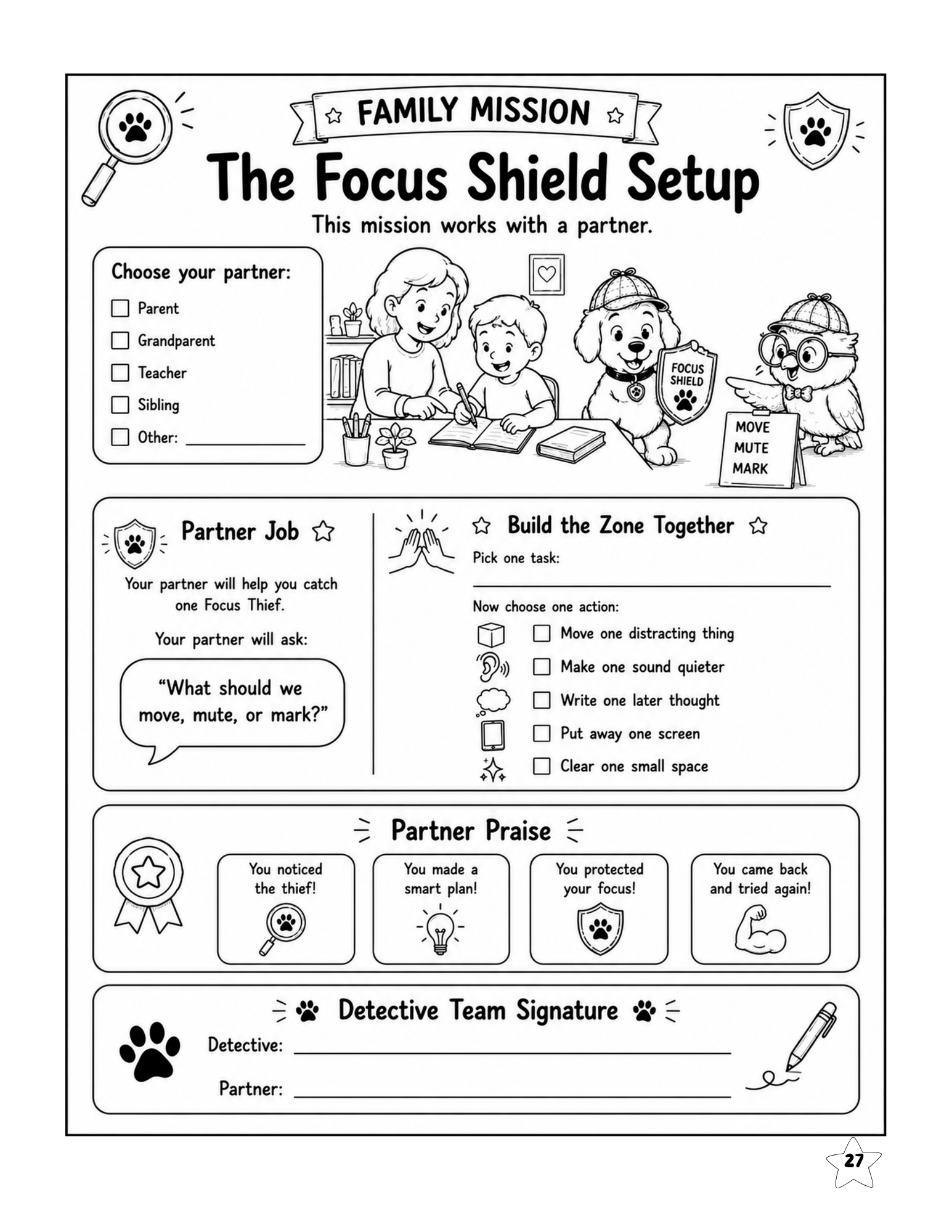 Family mission helping a child and adult practice the Focus Shield together during a real-life task