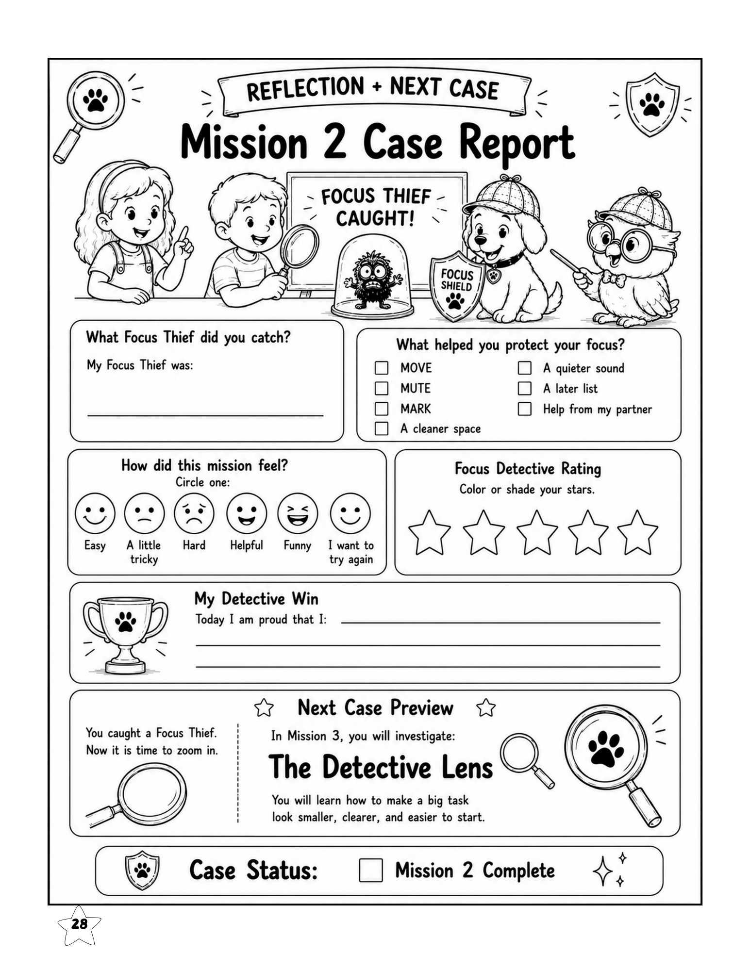 Executive Function Workbook Mission 2 case report for reflecting on distractions, strategies, and progress