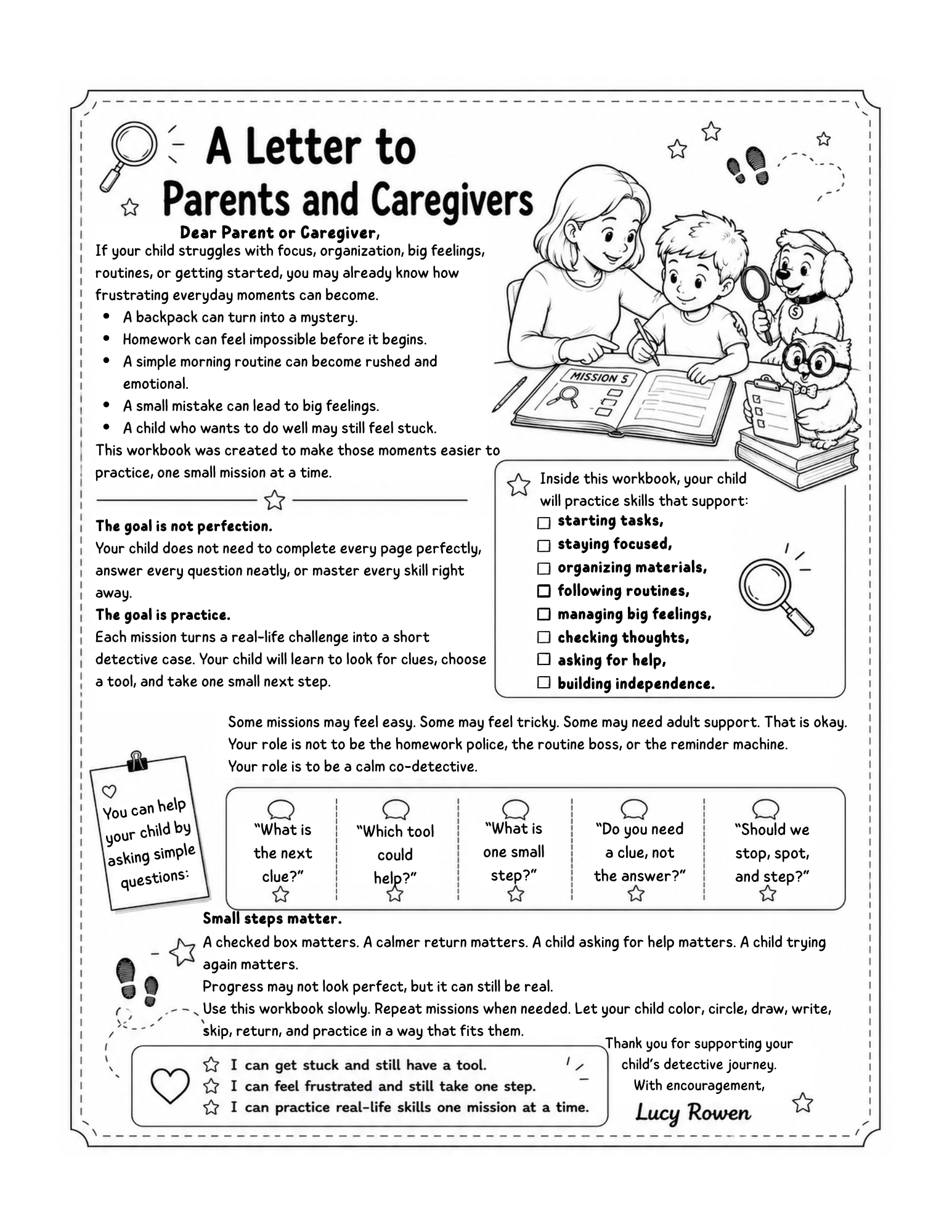 Executive Function Workbook for Kids guide for parents and caregivers explaining how to support children through the detective missions