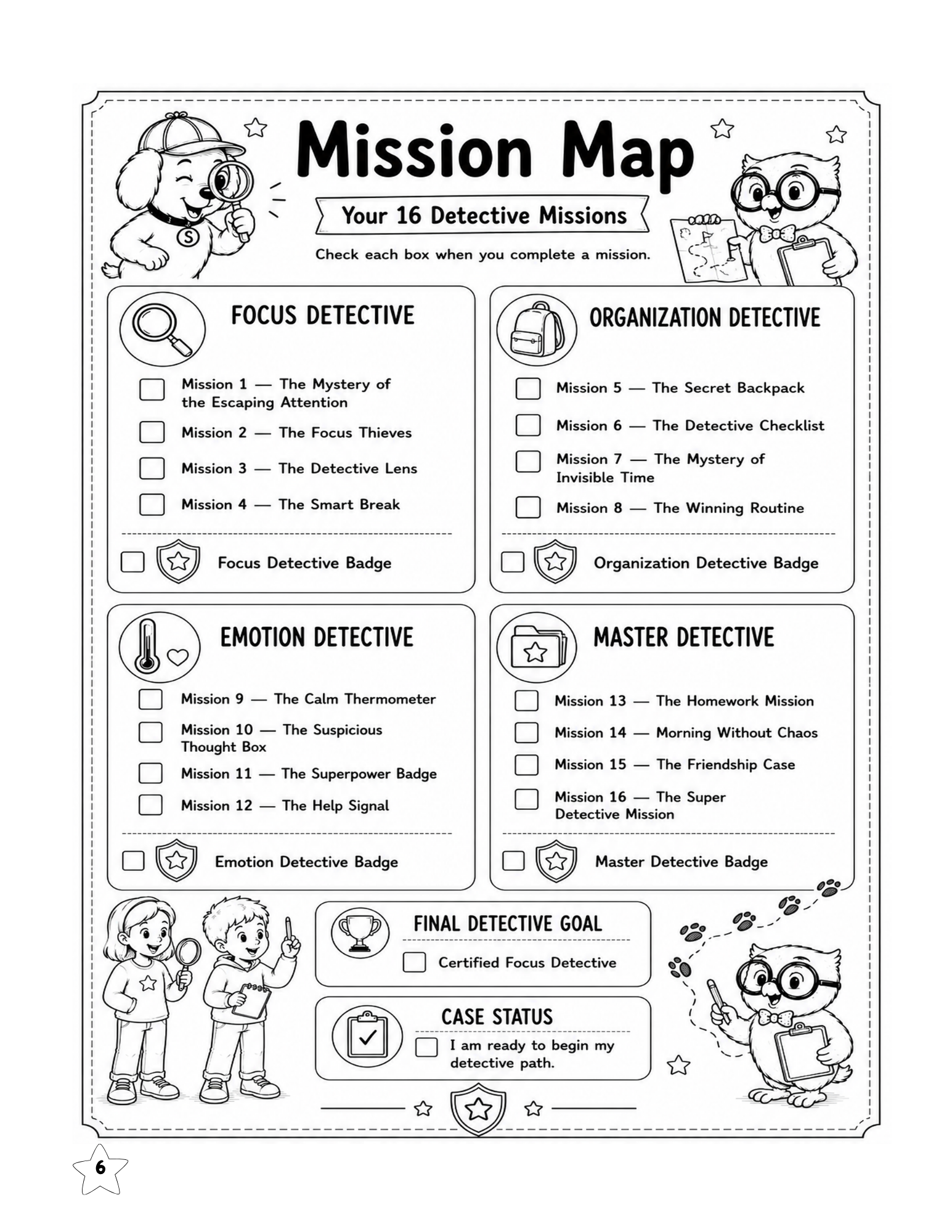 Executive Function Workbook for Kids mission map with 16 detective missions for focus, organization, emotional regulation, and everyday skills