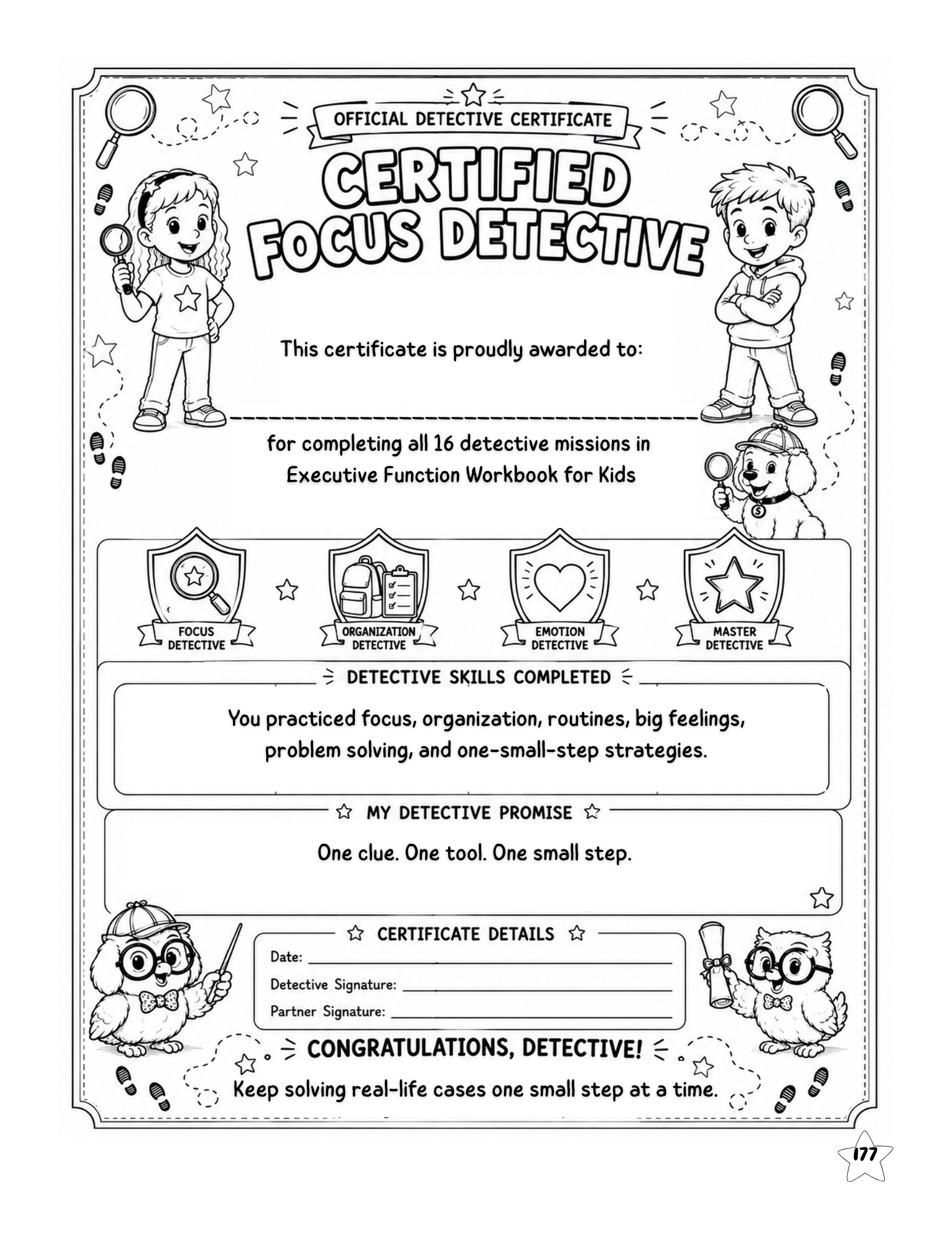 Certified Focus Detective certificate for completing all 16 executive function detective missions
